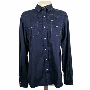 Navy Blue Pearl Snap Metallic Silver Stitch Detail